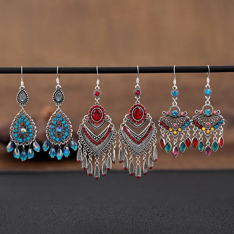 Purple retro fringe drop earrings with crystal detailing and ethnic styling