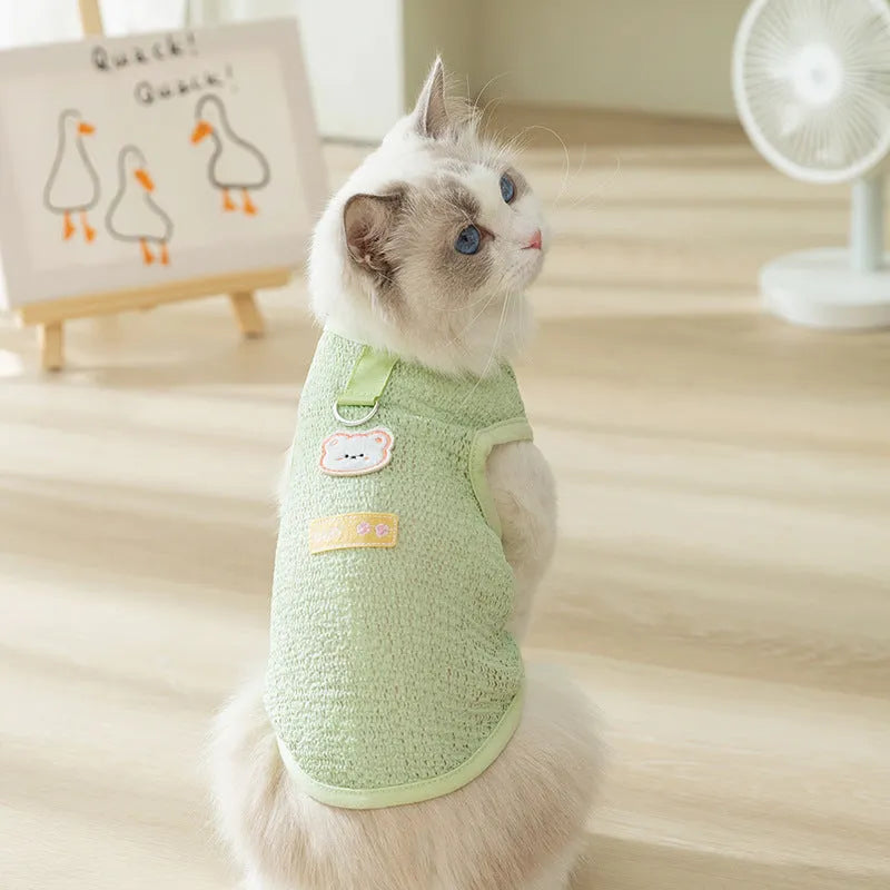 Cat wearing hollowed-out bear patch clothes in knitted fabric with breathable design