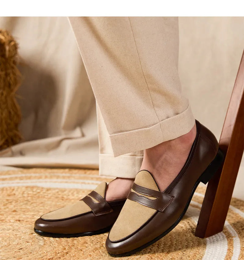 Coffee grey suede leather loafers with a slip-on design and rubber sole