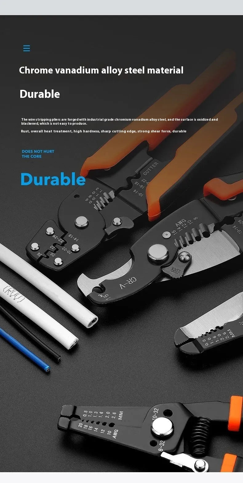 Fully automatic wire stripping pliers tool with a metal body on a white background.