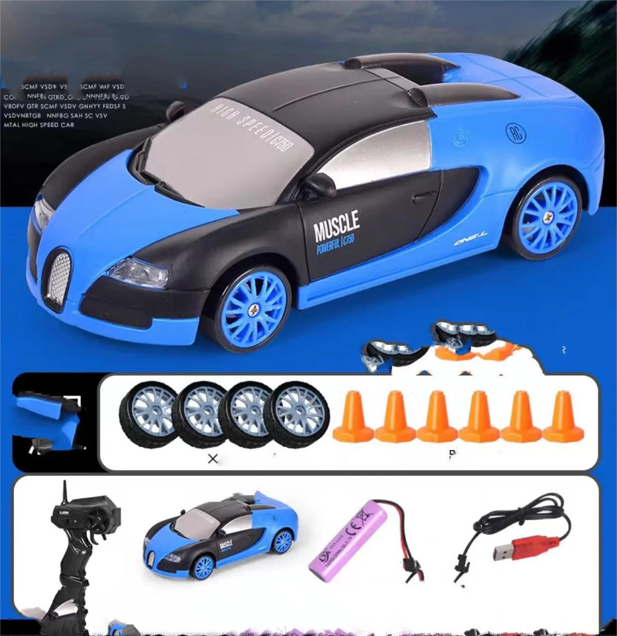 1:24 scale RC drift car with 4WD, 2.4GHz remote, GTR AE86 body, 4 racing tyres and 6 traffic cones