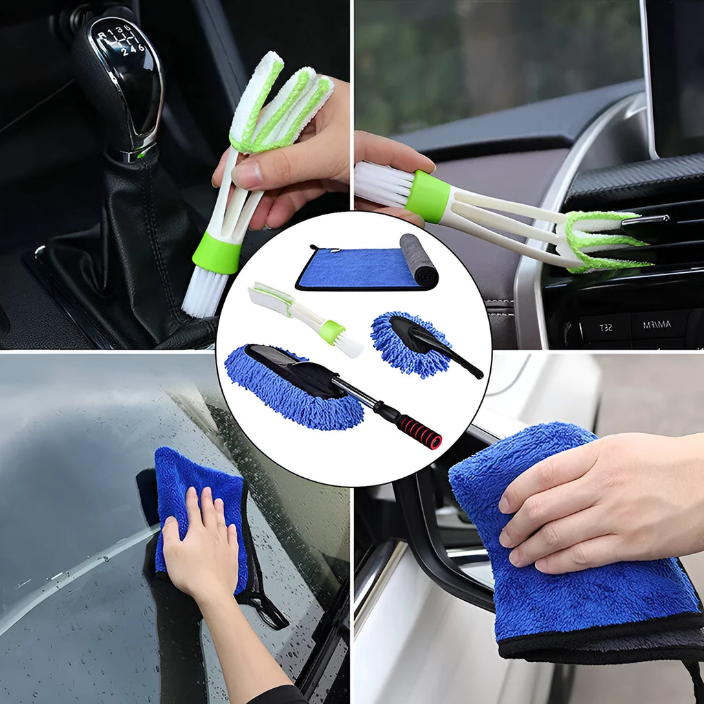 Car dust collector set with five microfiber dusting brushes and retractable handle for home and car use
