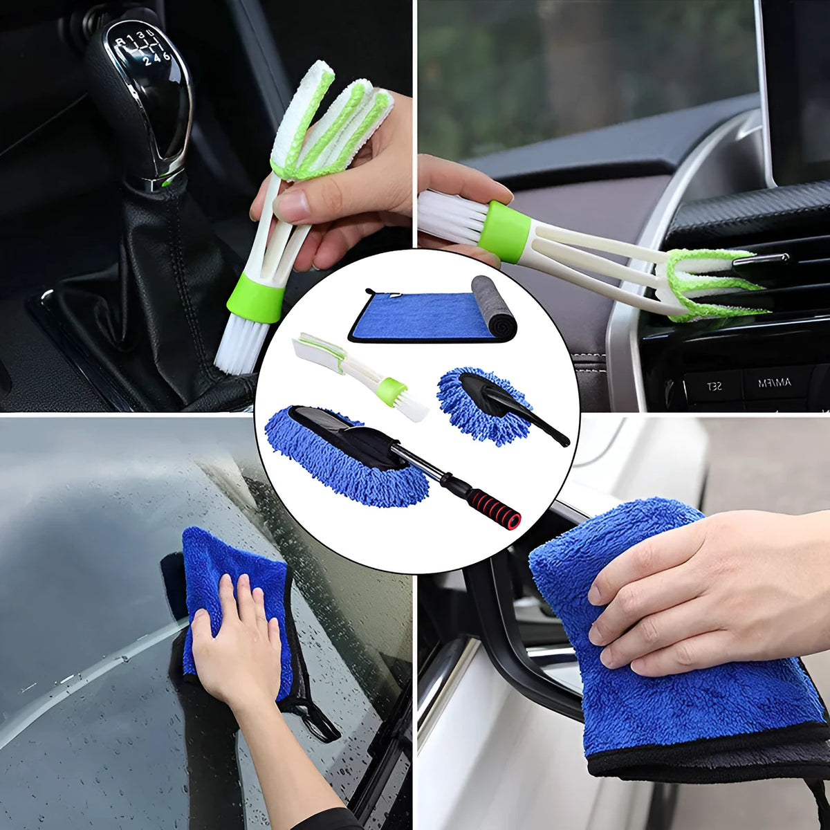 Car dust collector set with five microfiber dusting brushes and retractable handle for home and car use