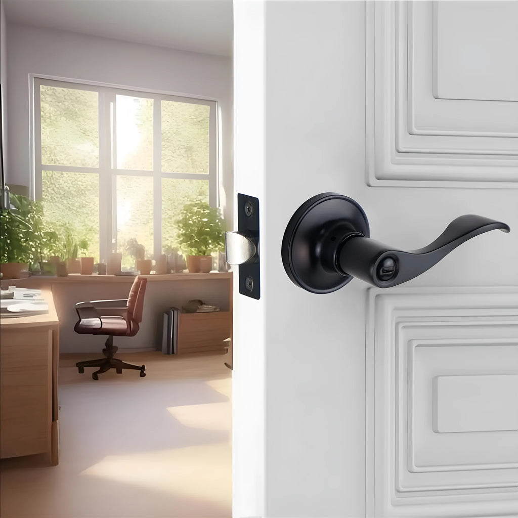 Stainless steel door handle with lock in black finish for bathroom use