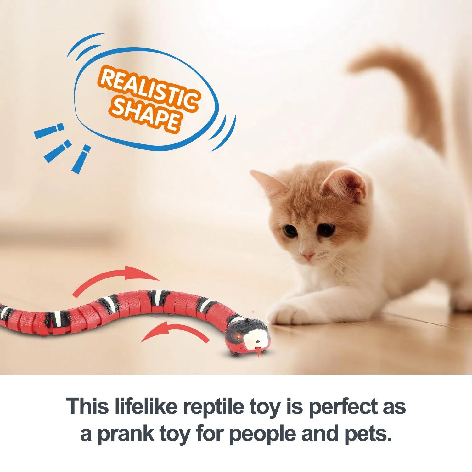 Electronic snake cat toy with realistic cobra design showing segmented body and USB charging port