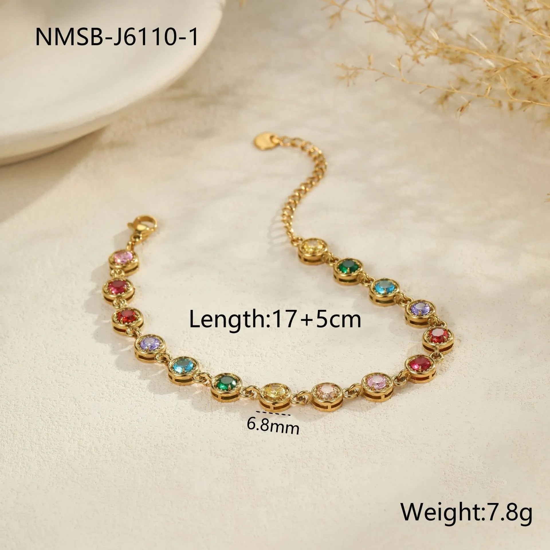 Colour zircon stainless steel bracelet in gold or silver with geometric heart, circle, or square designs