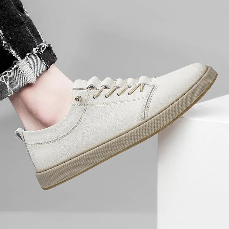 Men's big size cowhide leather board shoes in beige with round toe and low-cut lace-up design