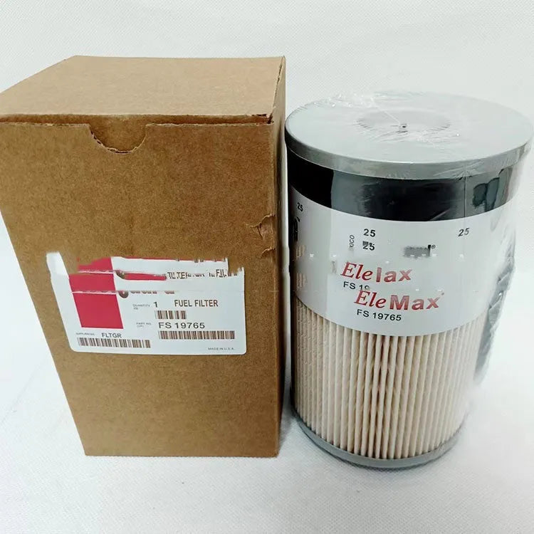 FS19764 diesel fuel filter with folding paper element, showing dimensions for generator and automotive use.