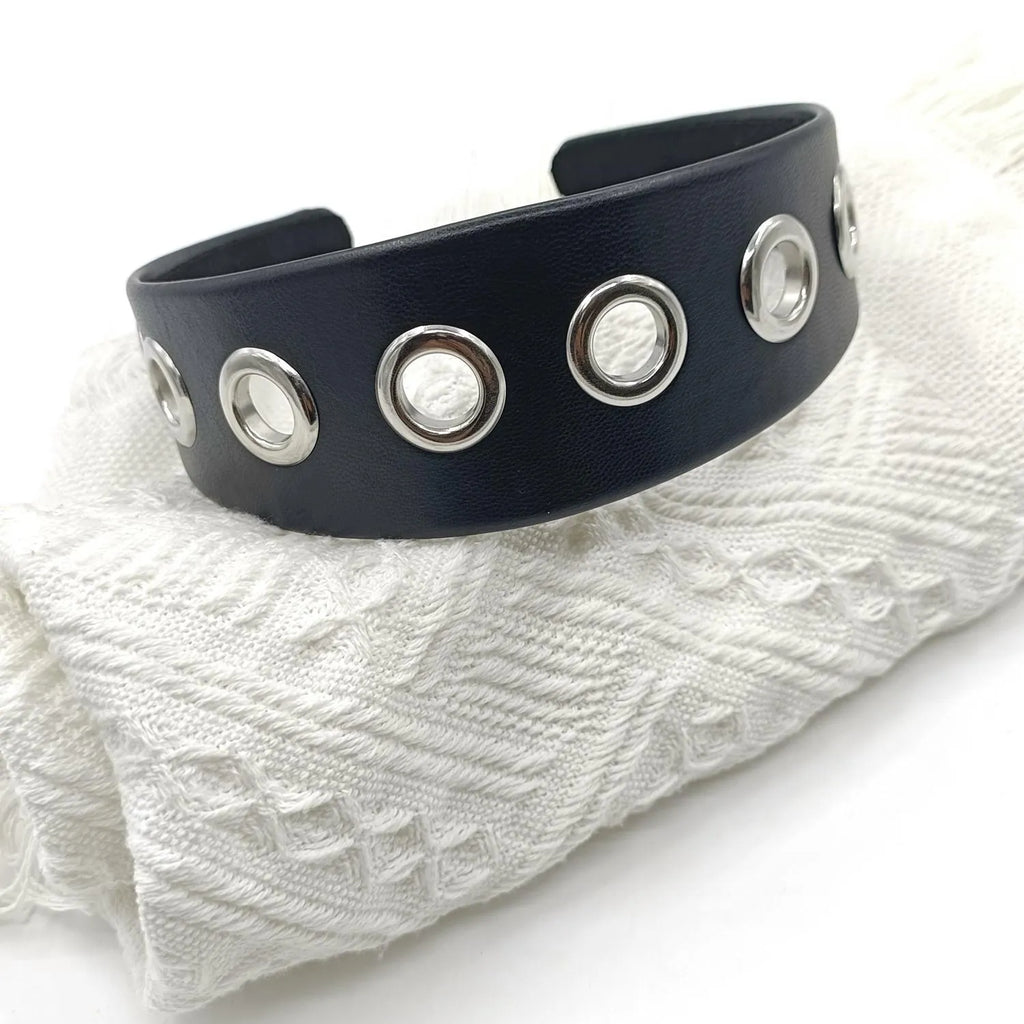 Black wide rivet headband for women, handmade artificial leather punk hair accessory with round square and dotted rivets