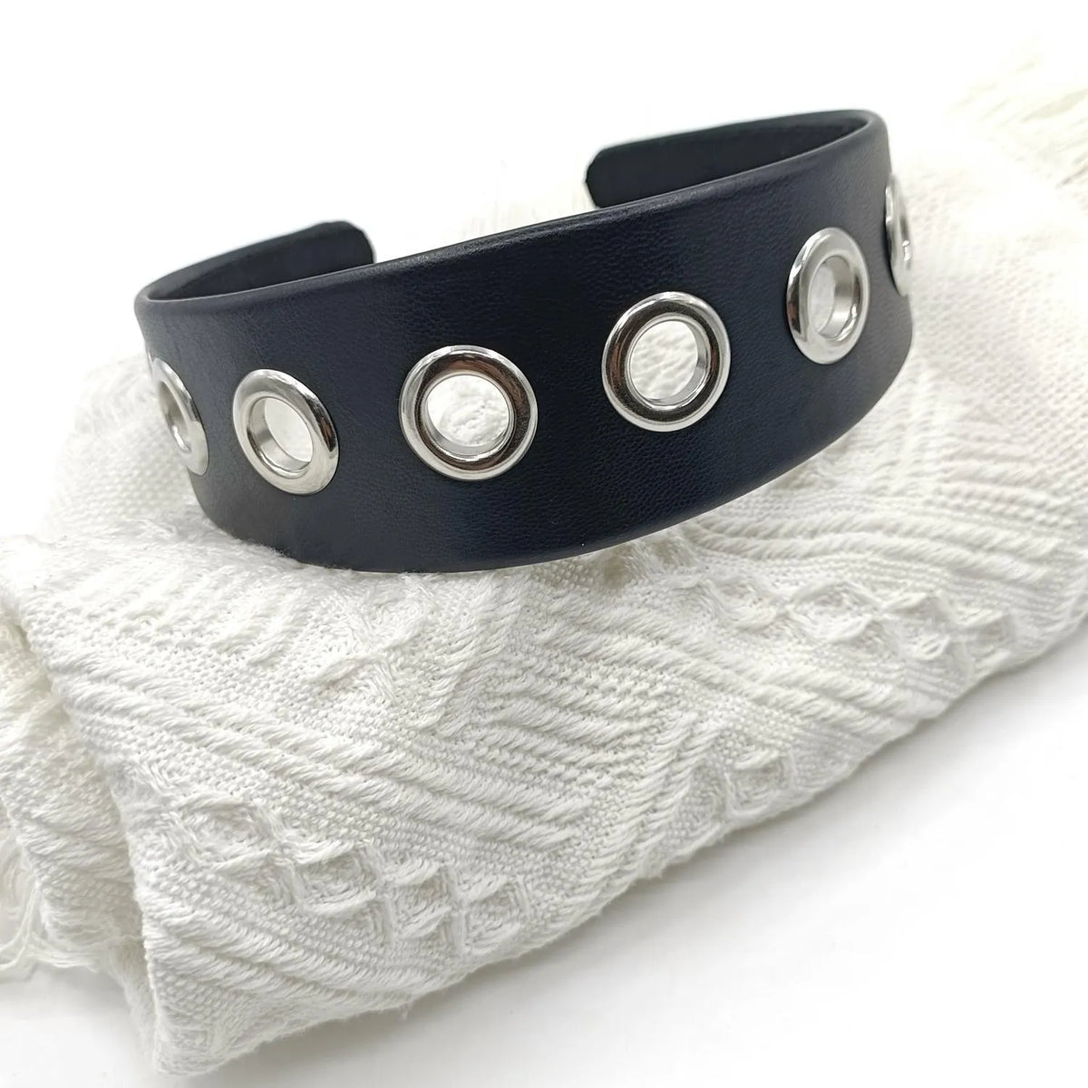 Black wide rivet headband for women, handmade artificial leather punk hair accessory with round square and dotted rivets