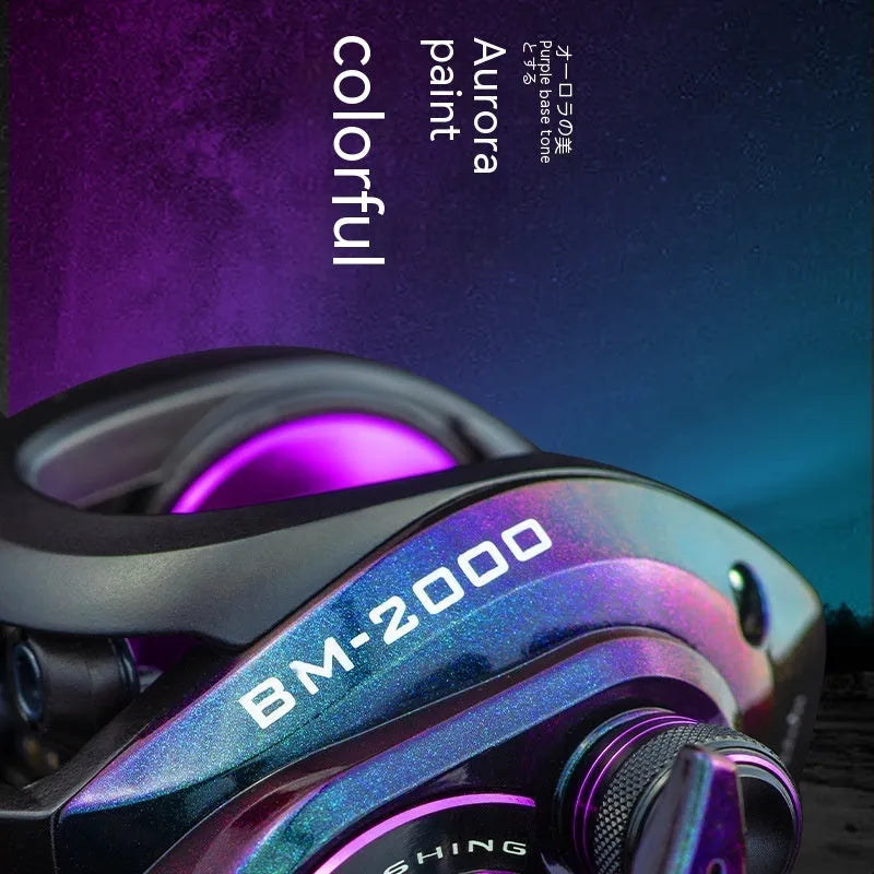 BM2000 left-handed and right-handed spinning fishing reel with magnetic brake, graphite body, and aluminium spool.