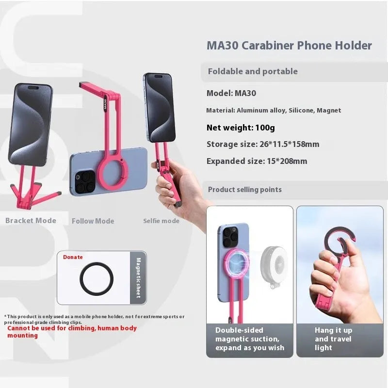 Portable phone holder with black climbing button carabiner on grey background, aluminium alloy and silicone construction