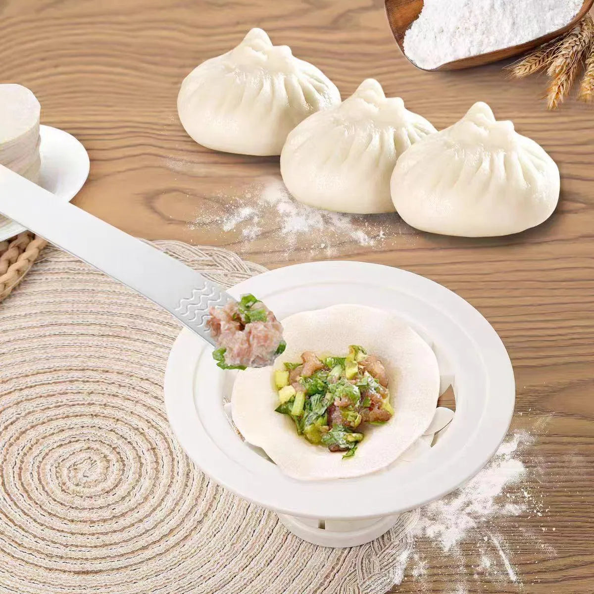 Black plastic Jinkali steamed bun and dumpling mould set of four kitchen shaping tools.
