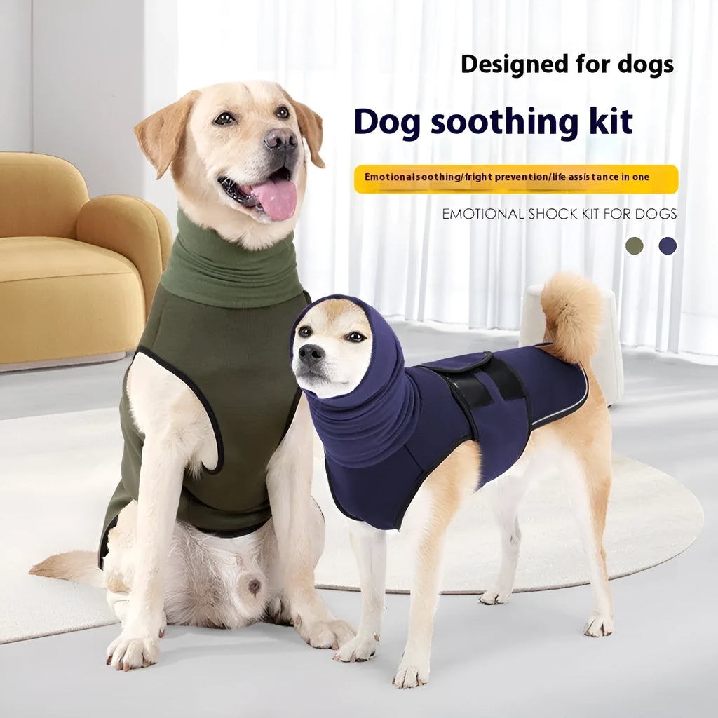 Army Green polyester dog anti-anxiety jacket shown on medium-sized dog