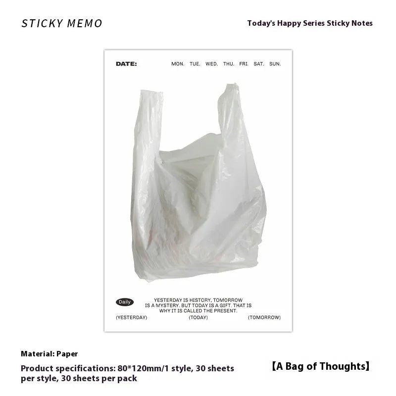 Happy Series Message Sticky Notes pad in one of four colour options: A Bag of Worries, Transparent White, Hot Milk, or A Piece of Toast.