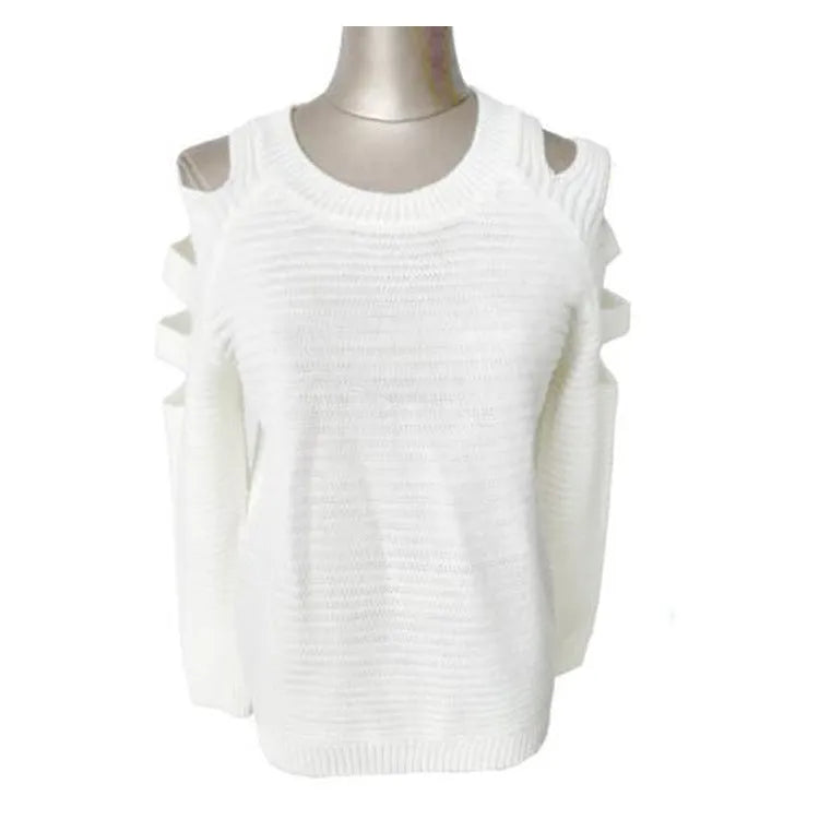 Grey women's knitted shirt with round neck and crocheted hollow-out detail on long sleeves