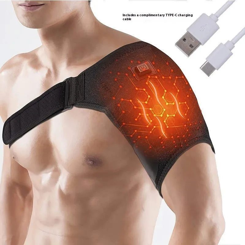 USB electric heating shoulder pad showing free size fit and plug connection