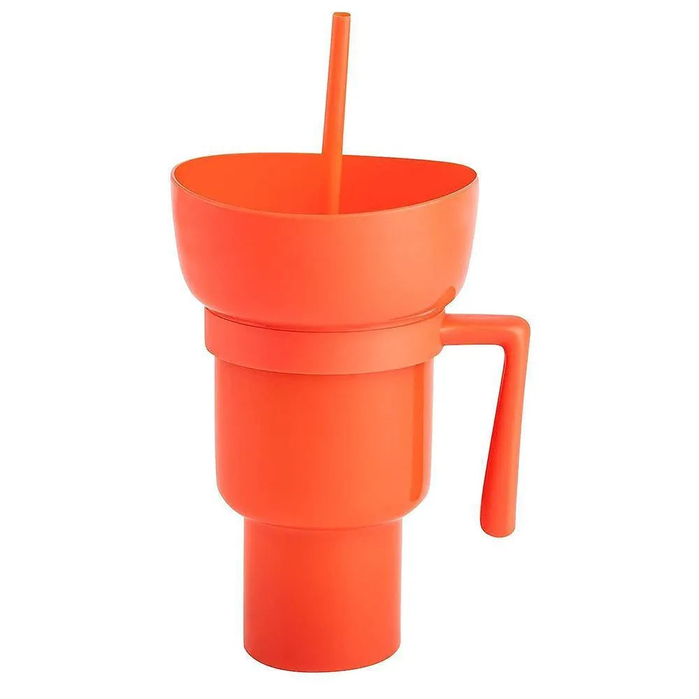 Silicone snack cup with straw and handle, 901-1000ml, 26.7cm tall, in blue yellow orange green pink or colour-changing finish