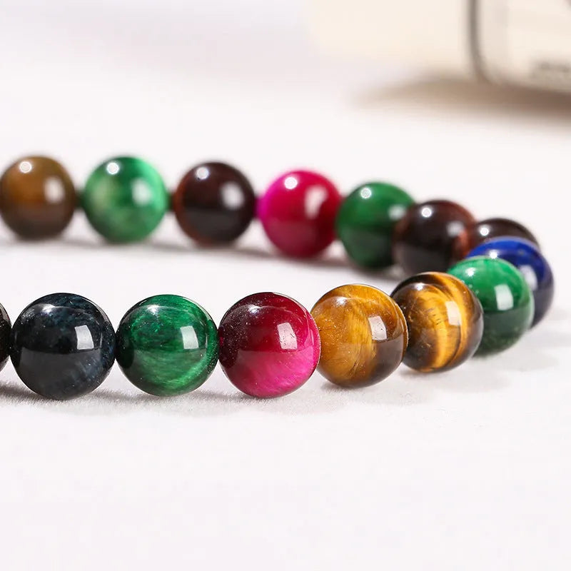 Colourful tiger-eye stone bead bracelet for women with round beads on a mixed string.
