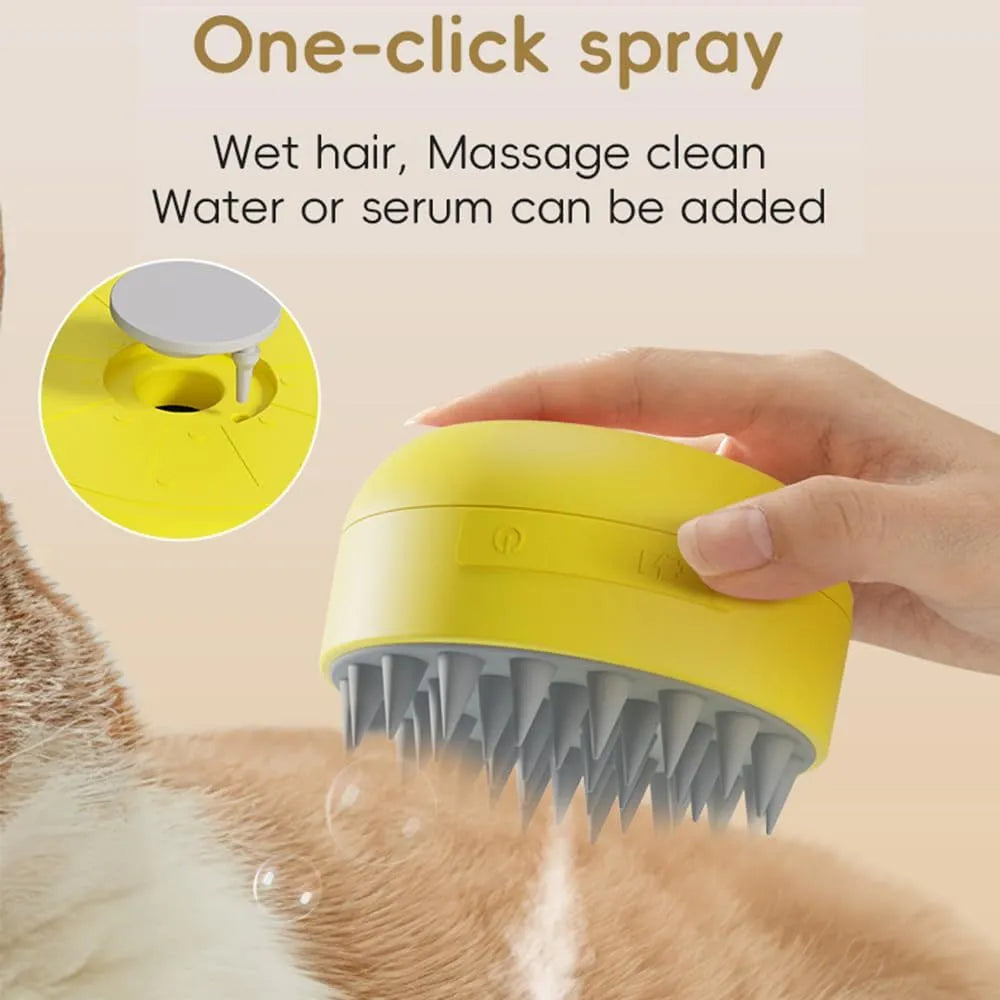 Green and yellow rechargeable silicone steam brush for cat and dog grooming on a white background
