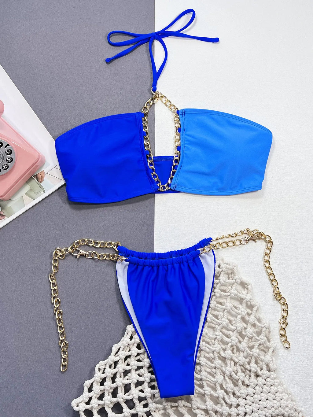 Solid blue women's bikini swimsuit set with nylon fabric construction