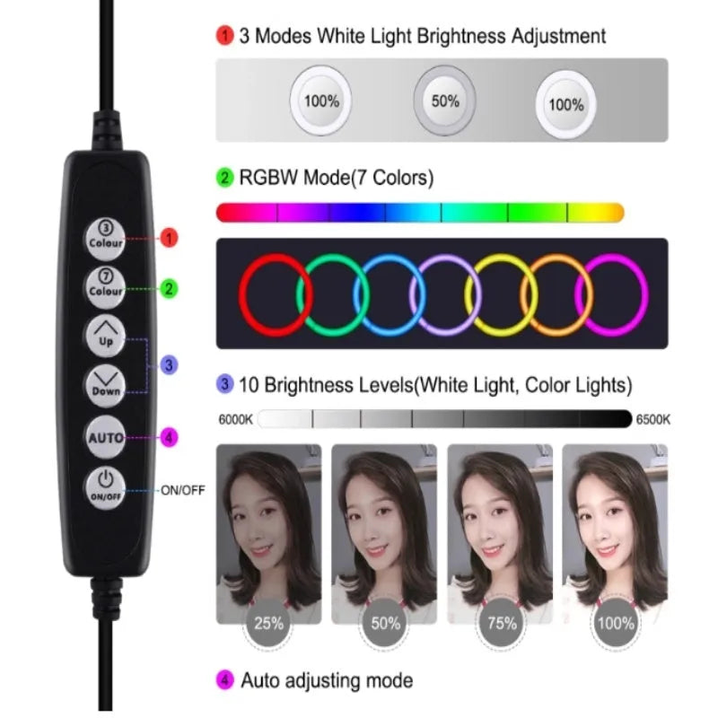 Black ring-shaped desktop fill light with two mobile phone holders placed on a table