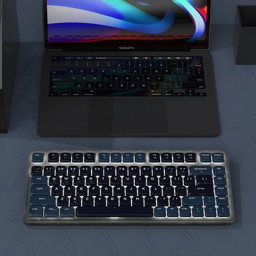 AJAZZ AK832PRO mechanical keyboard with colour screen showing blue lighting on PBT keycaps