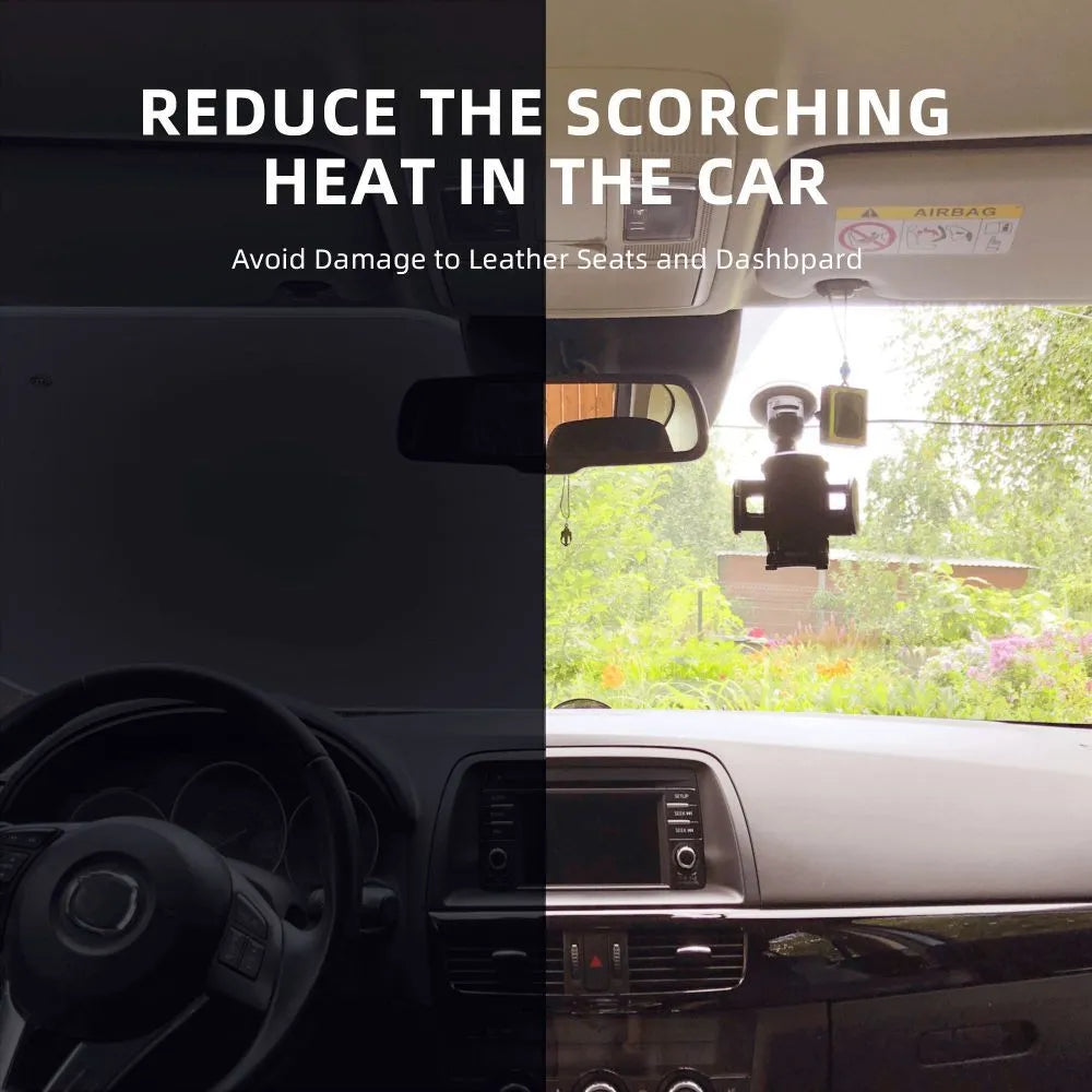 Lightweight car windshield sunshade in black with silver-coated fabric and suction cups