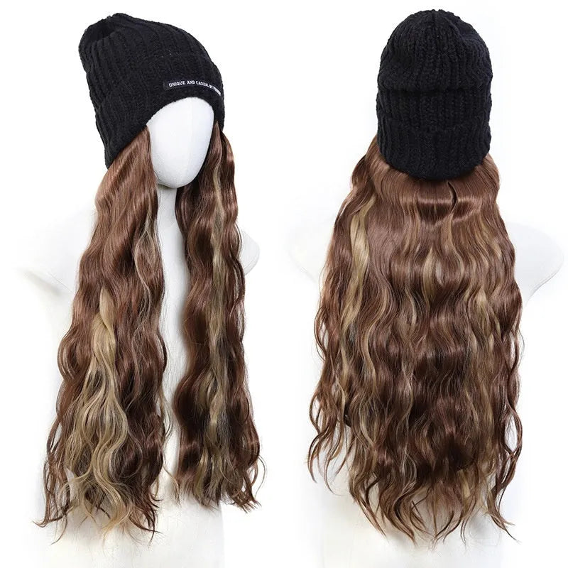 Hat wig with knitted hat and long curly high temperature fibre synthetic hair for ladies