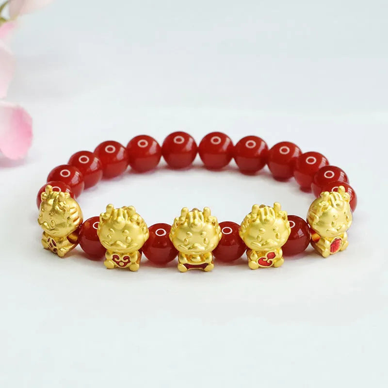 Red agate bracelet with five blessing dragon charm, Chinese cultural jewellery