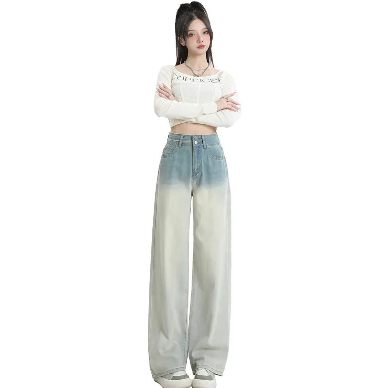 Women wearing HS 975 gradient blue straight-leg wide leg denim trousers.