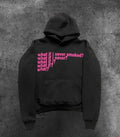 Black hooded sweater with white letter print pattern, hood up, front view