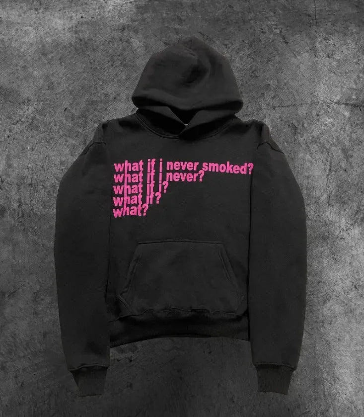 Black hooded sweater with white letter print pattern, hood up, front view