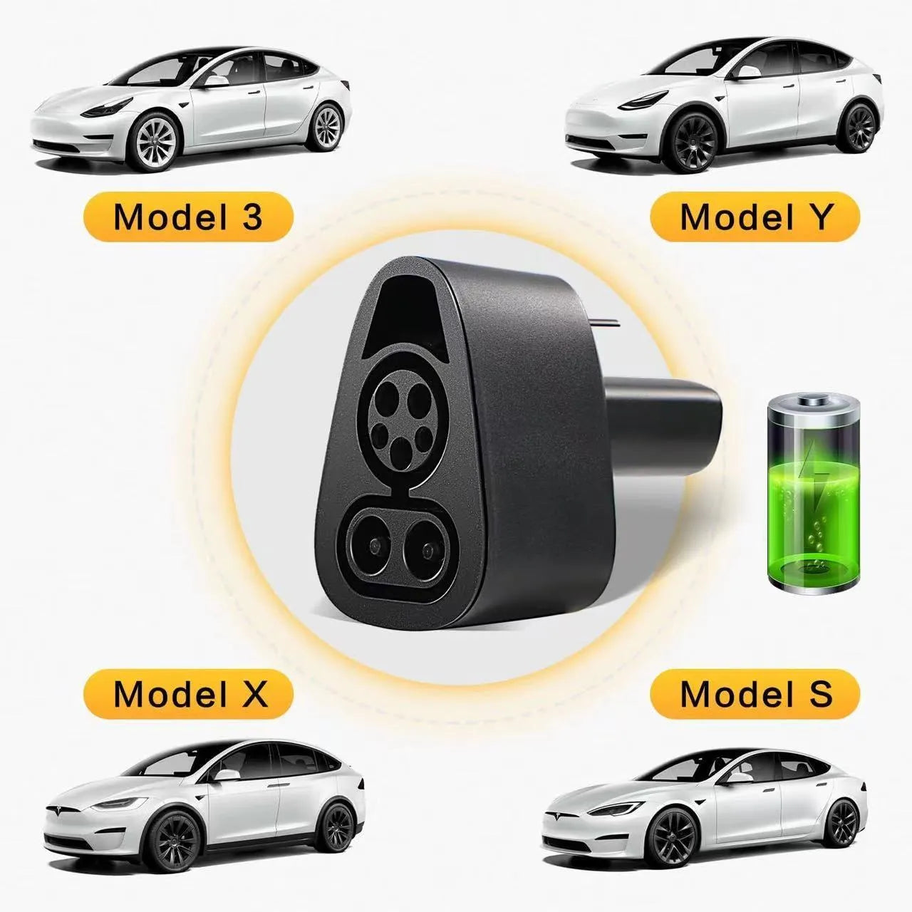Black Tesla charging plug conversion adapter for J1772 connectors with dimensions 195mm x 96mm x 67mm