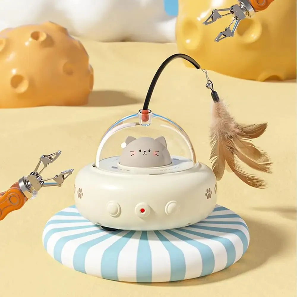 Pink or white rechargeable electric cat toy with feather teaser wand, 360 red light beam, ABS body, 11.5x11x28cm