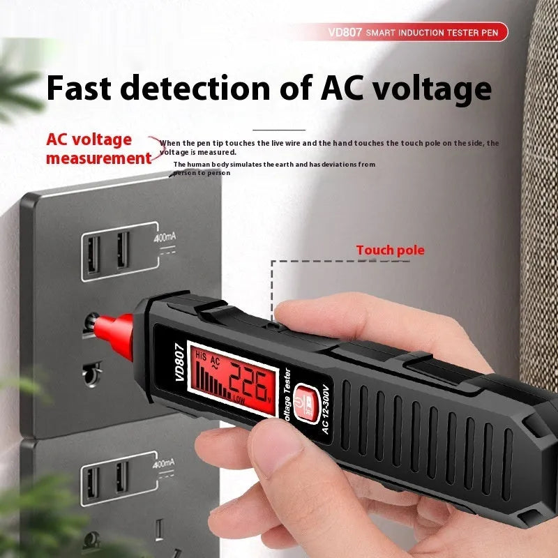 Black digital voltage testing pen with LCD screen showing voltage reading, used for zero line detection.