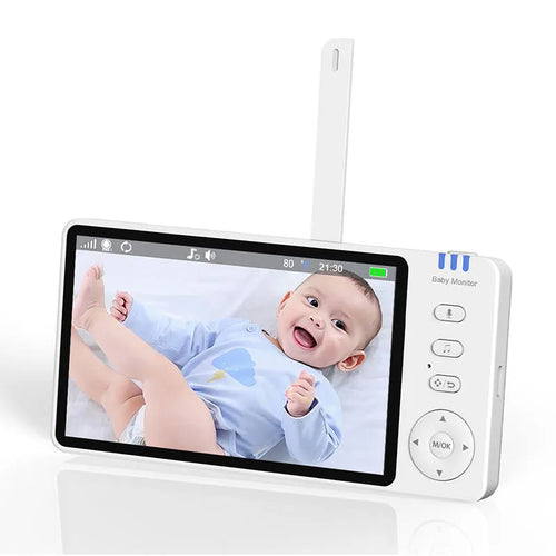 White 5-inch HD baby monitor with camera on a nursery shelf.
