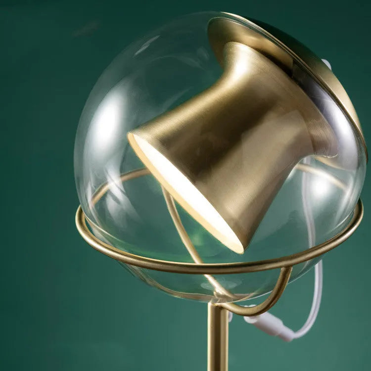 Creative glass desk lamp with dimmable touch switch and LED light on a wooden desk.