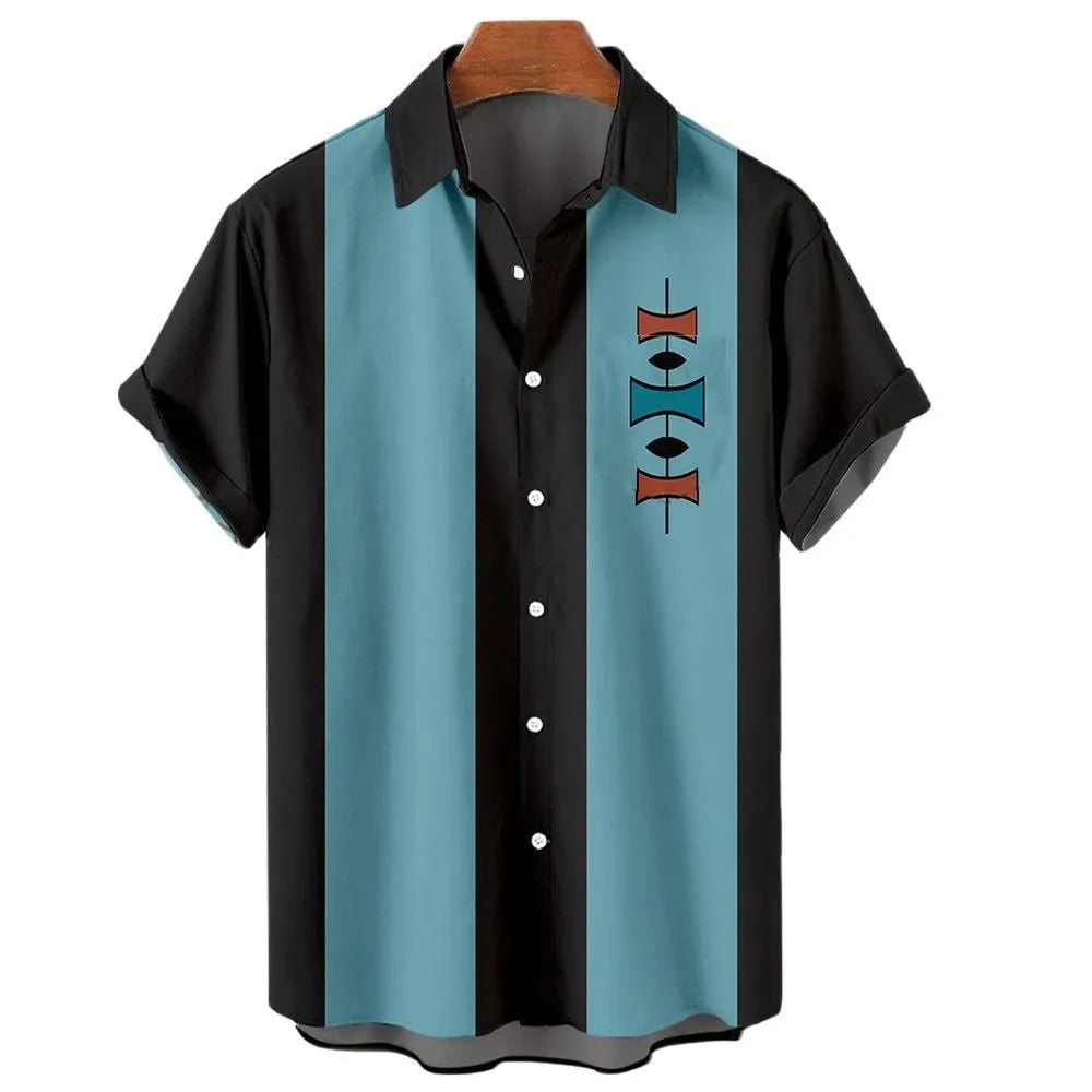 Men's stripe pattern Hawaiian shirt with button-up front and short sleeves in elastic polyester fabric