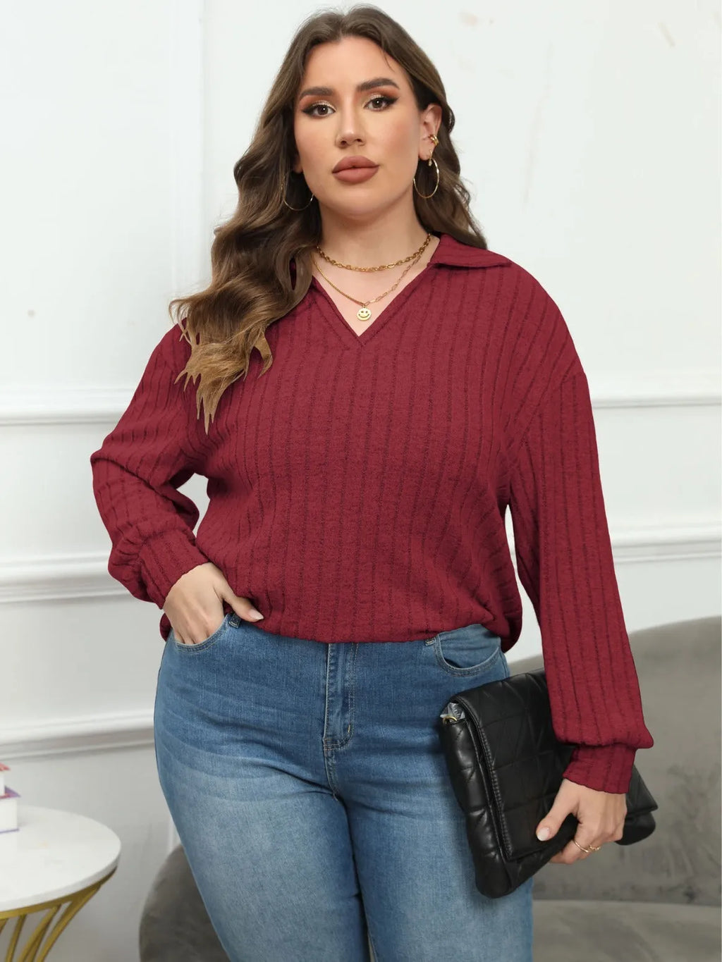 Women's plus size polo collar polar fleece shirt with lantern sleeves in melange gray