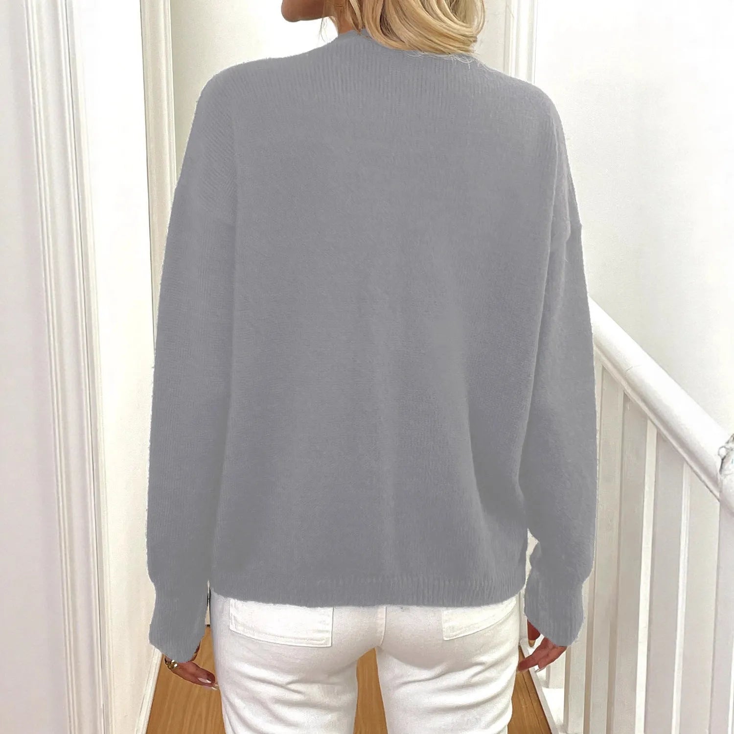 Grey deer plush women's coat with princess sleeves and an irregular hipster street style cut.