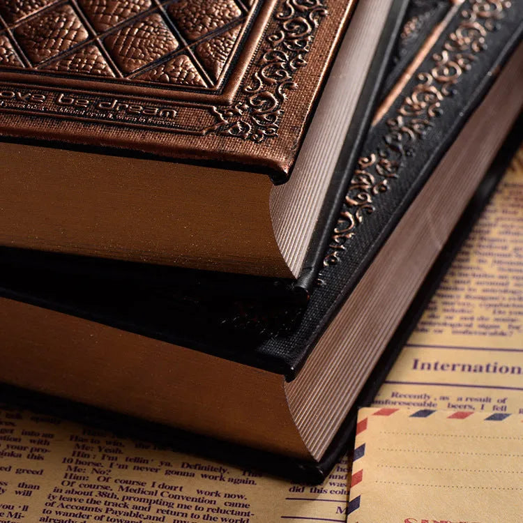 Embossed faux leather notebook in super thick design showing bronze and black gold colour options