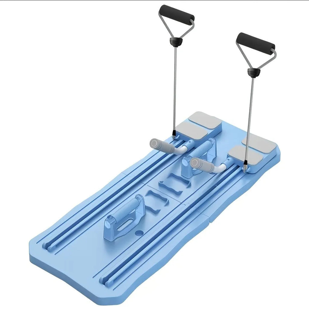 Blue portable ABS supine fitness board with wheels for abdominal exercises at home.