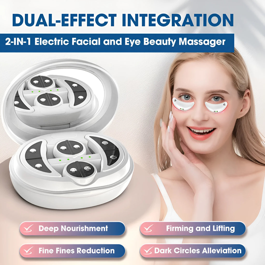 White wireless red light EMS eye and facial beauty massager device on a grey background