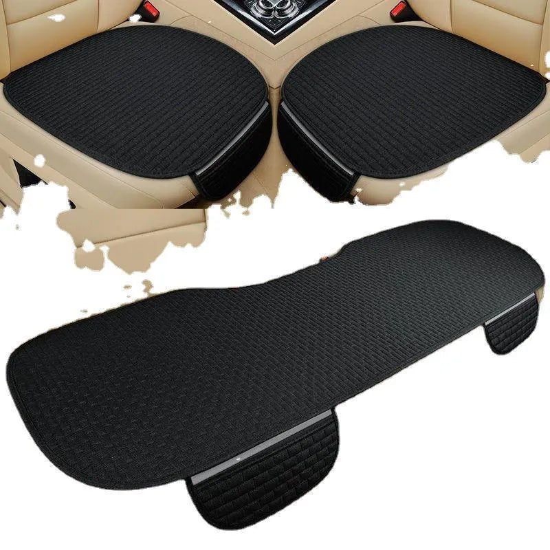 Linen plaid car cushion set showing classic black and red, coffee, and cream colour options