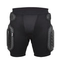 Black cycling hip protection pants showing hip pad placement, labelled with available sizes S, M, L, XL.