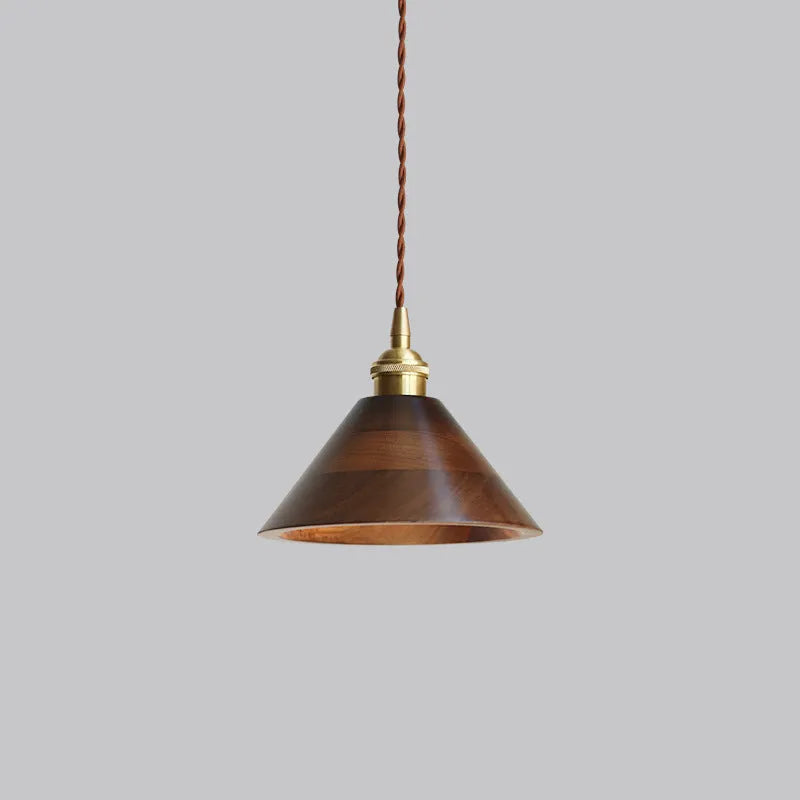 Black walnut and copper art single-head droplight chandelier with a fabric shade.