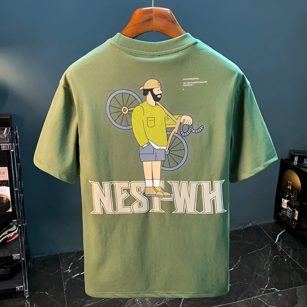 Men's green loose-fit short sleeve t-shirt with printed design on fabric, laid flat to show size.