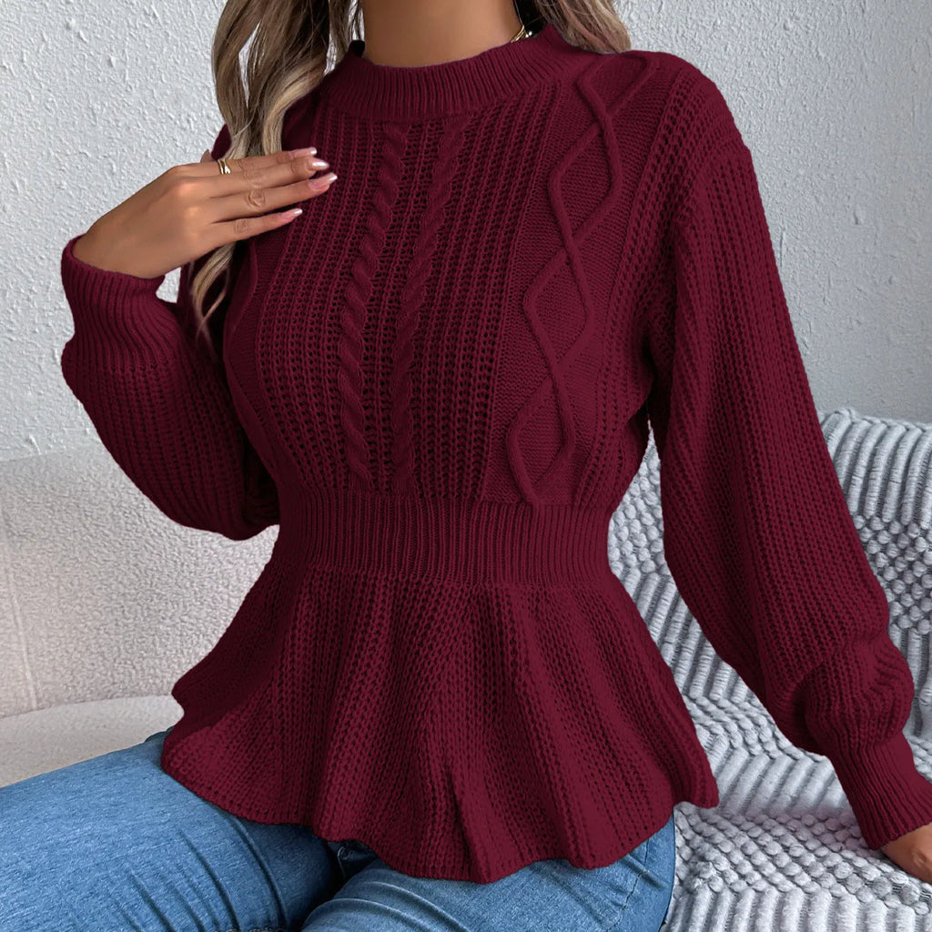 Twist waist trimming ruffles long sleeve pullover in white, wine red, and pink, available in sizes S to XL