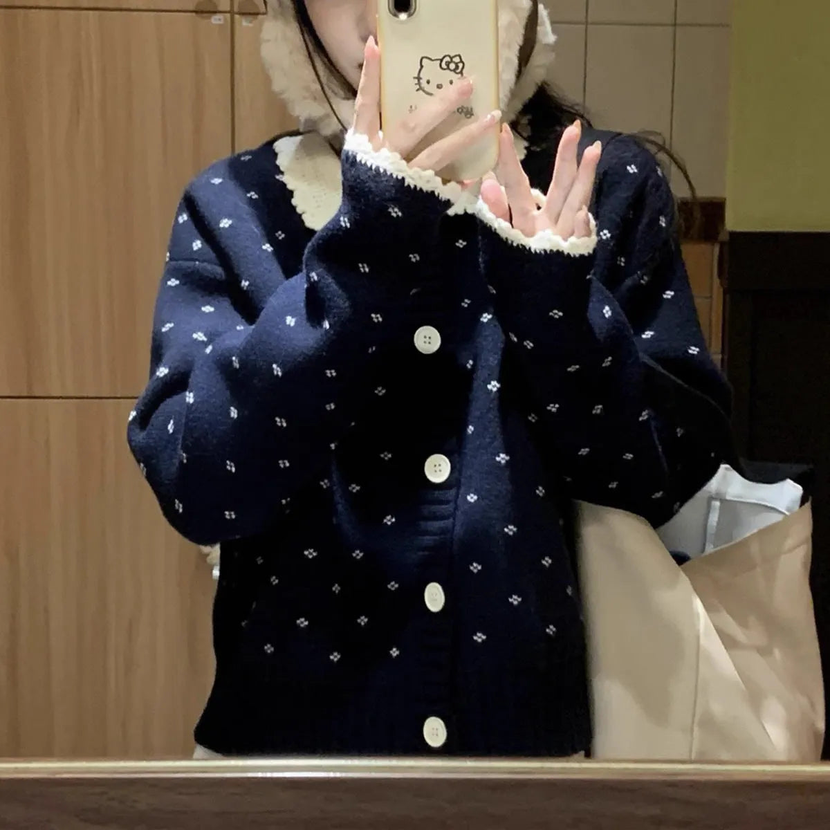 Retro Peter Pan collar floral knitted cardigan coat in casual style